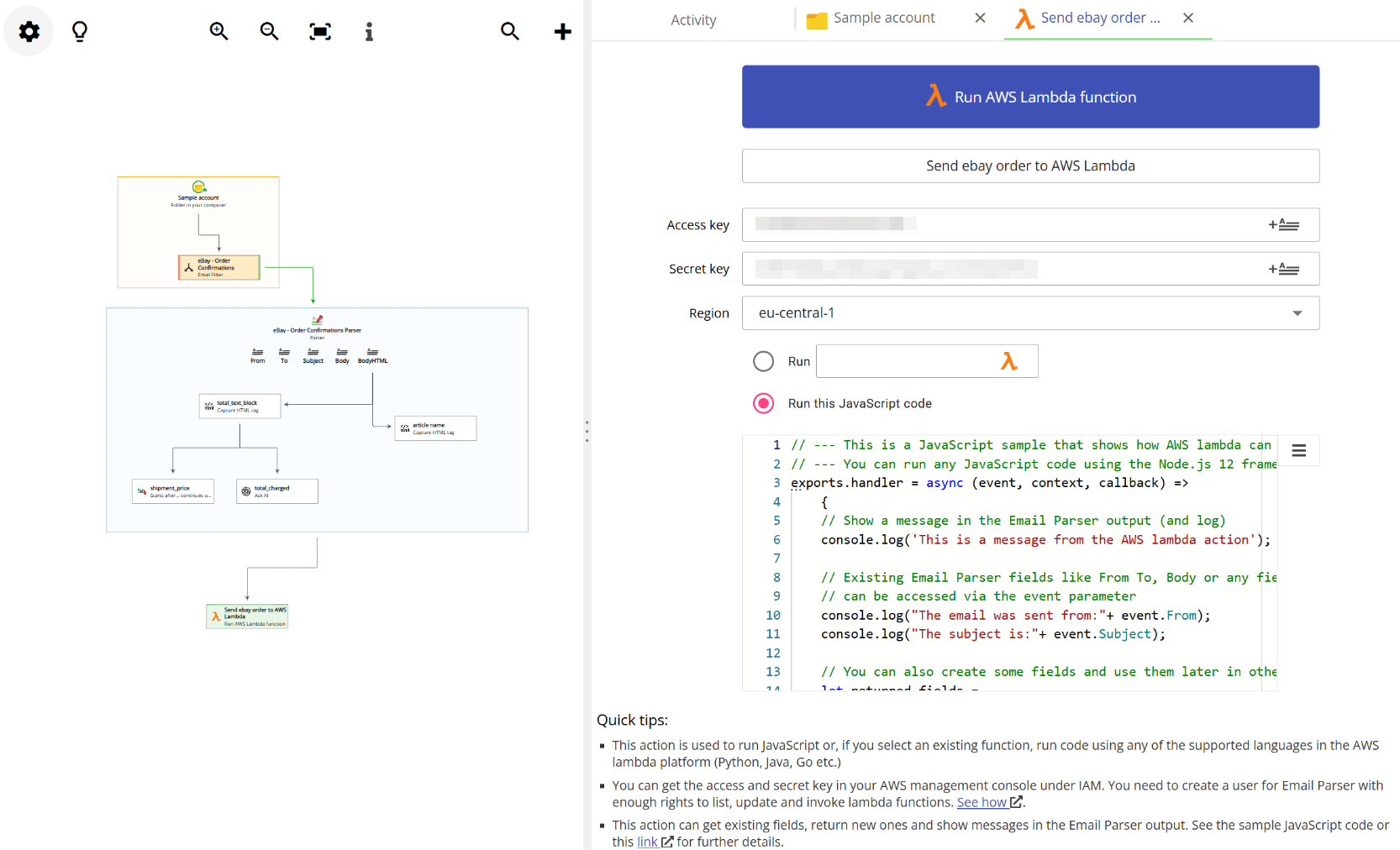 Settings panel for configuring an AWS Lambda action in Email Parser, showing AWS credentials, region, and function selection