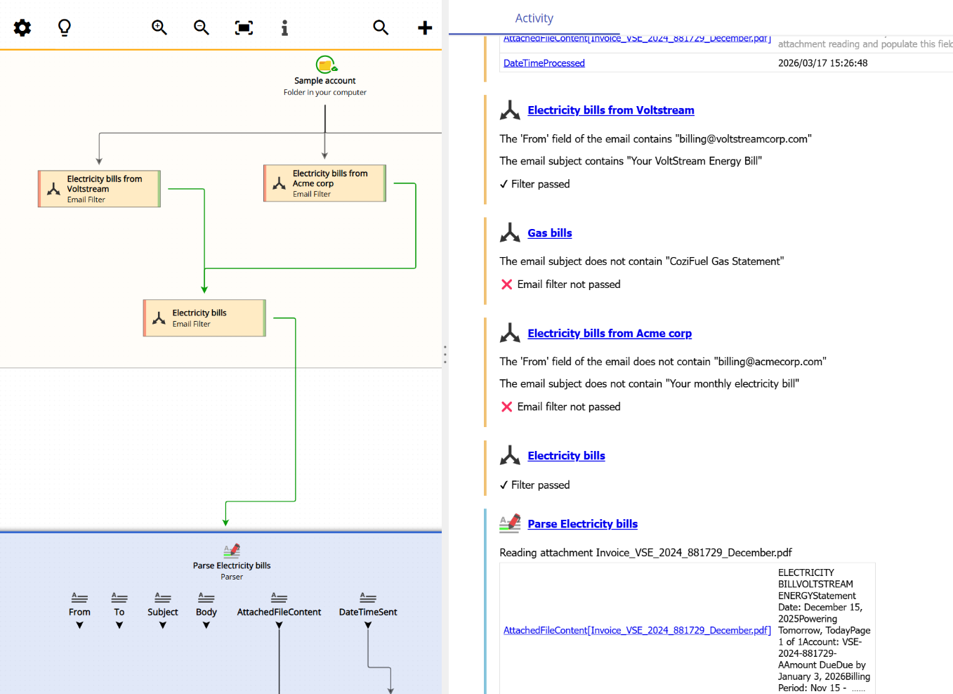 Email Parser applying filter combination rules when a new email arrives