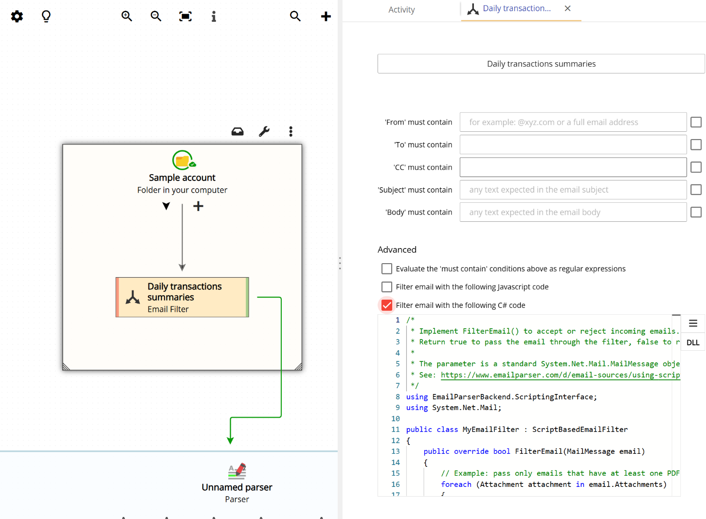 Email Parser filter settings showing the C# code editor for email filtering