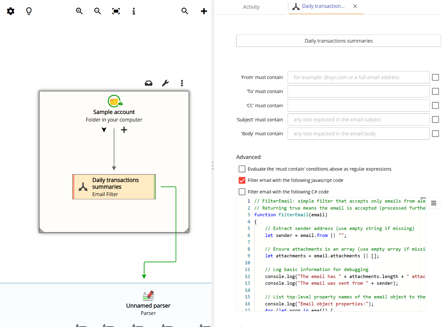 Email Parser filter settings showing the JavaScript code editor for email filtering