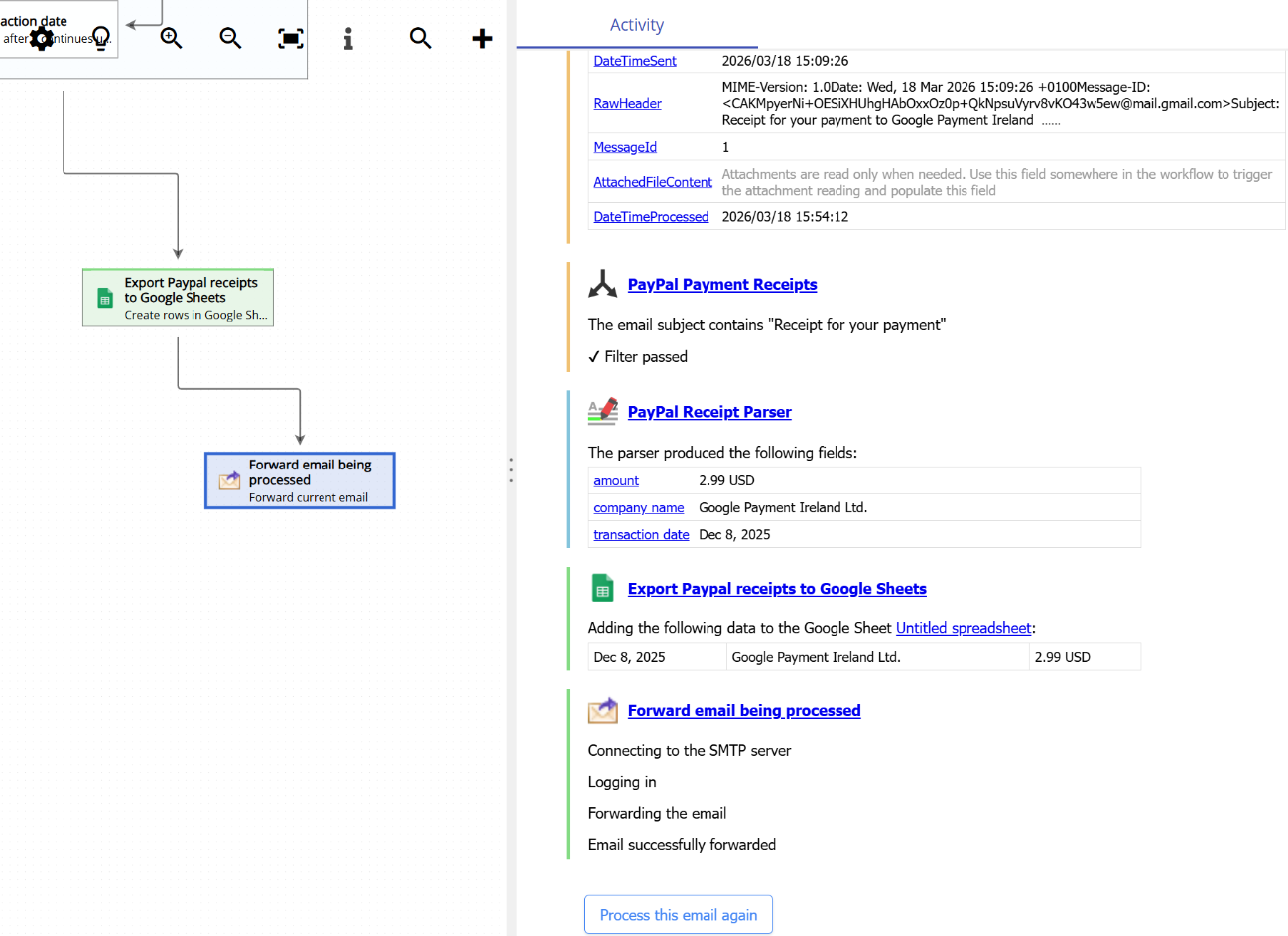 Forwarding an email as the last step in an email parsing workflow