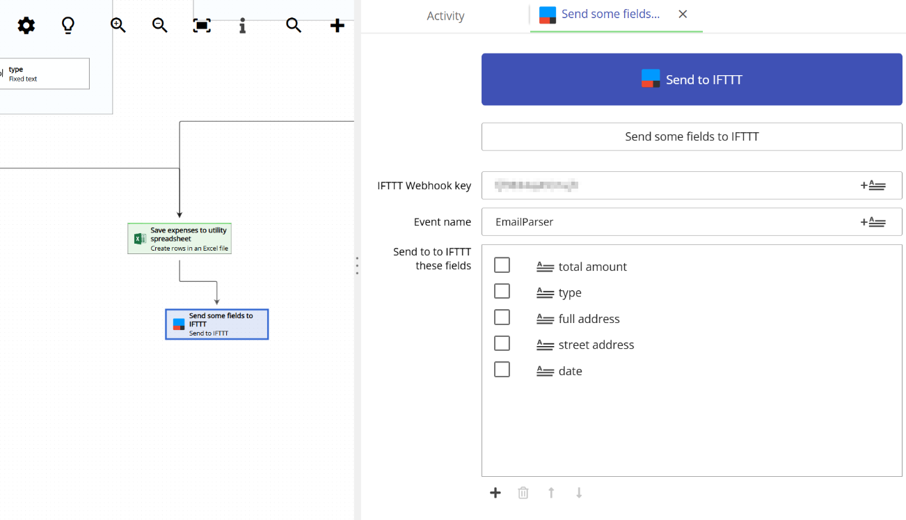 IFTTT action settings in Email Parser showing the Webhook key and event name fields