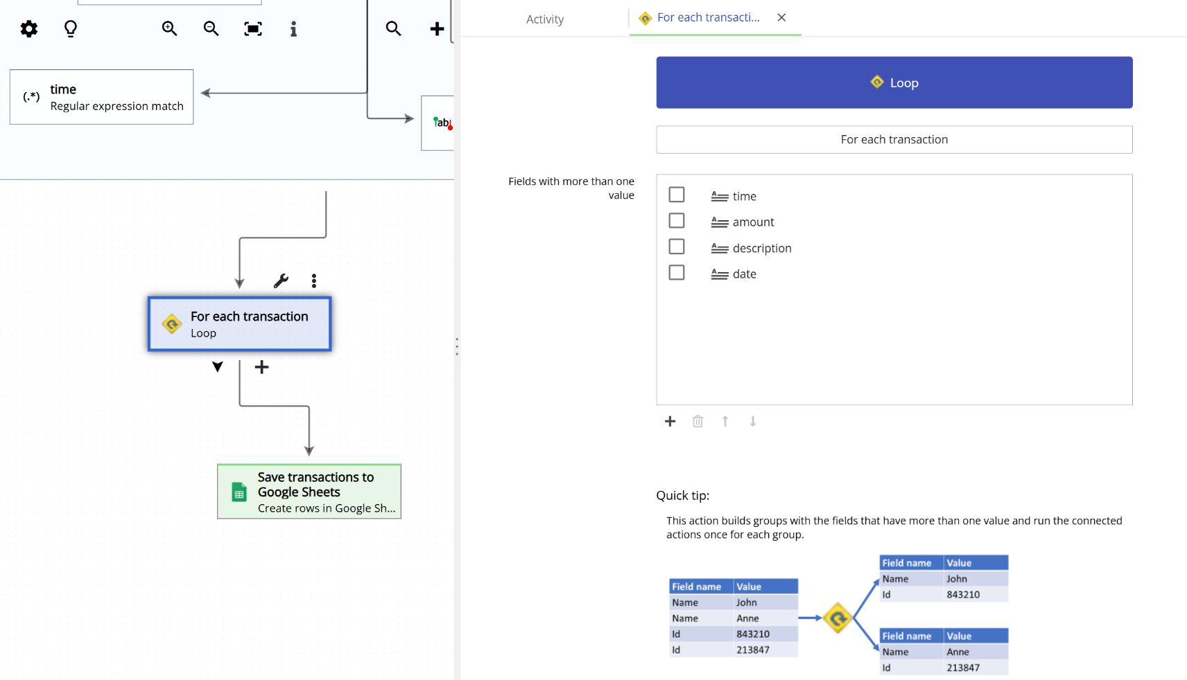Configuring the Loop action by specifying the fields to iterate over