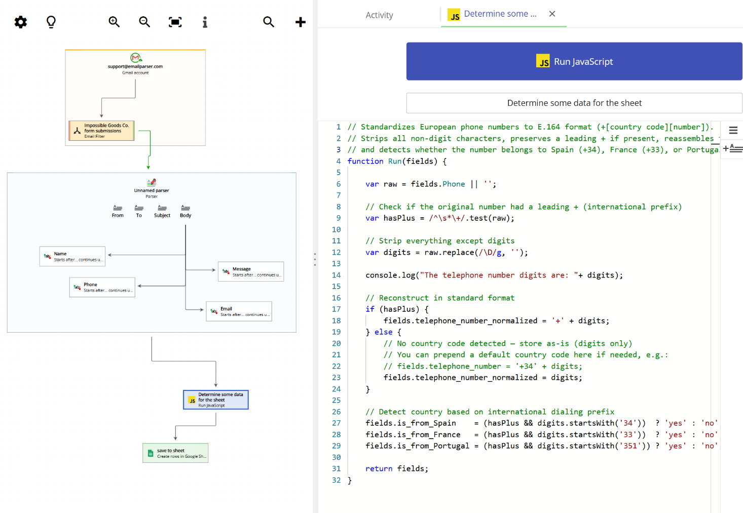 JavaScript action configuration in Email Parser