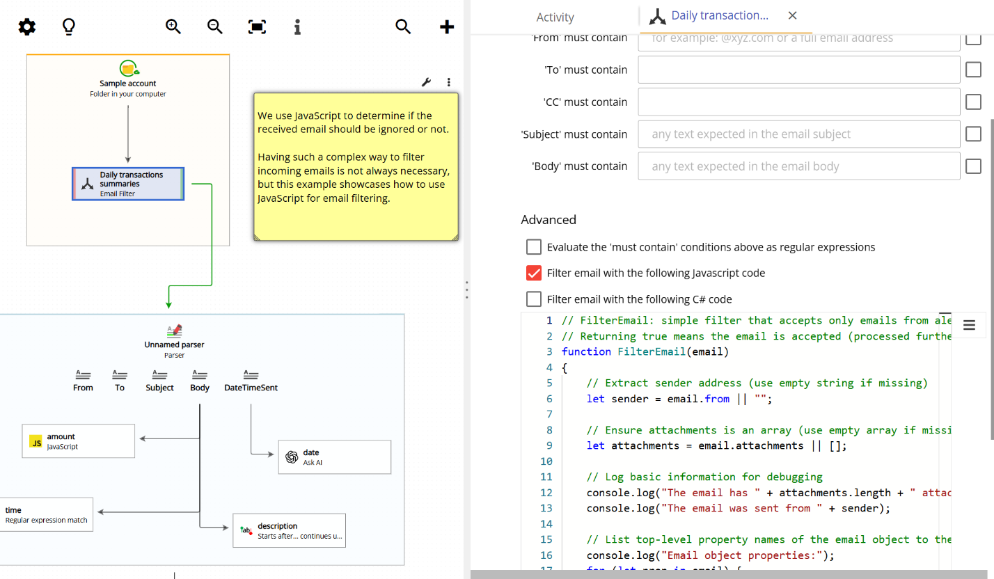 JavaScript script used inside an email filter in Email Parser