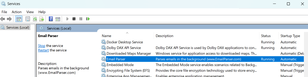 Windows Services list showing Email Parser service with Running status