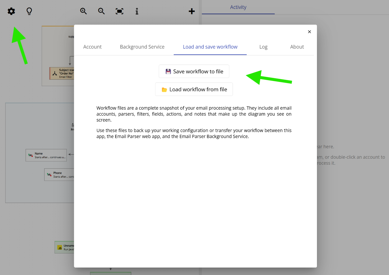 Load and save workflow tab in the Email Parser settings dialog