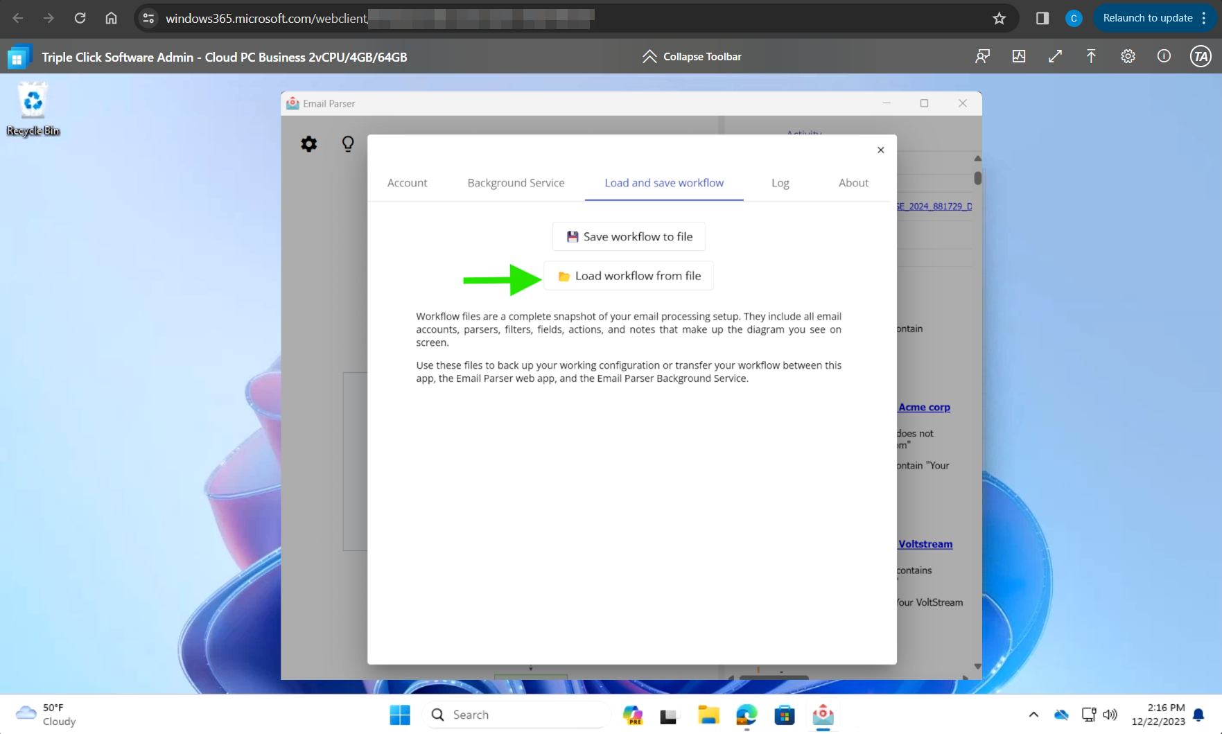Loading Email Parser settings into the virtual private server
