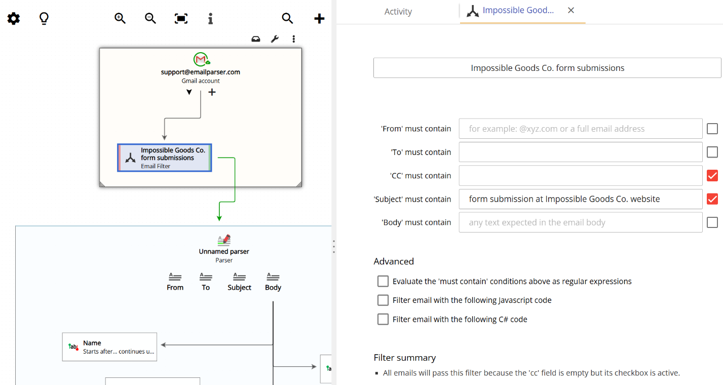 A simple email filter setup with subject and from conditions