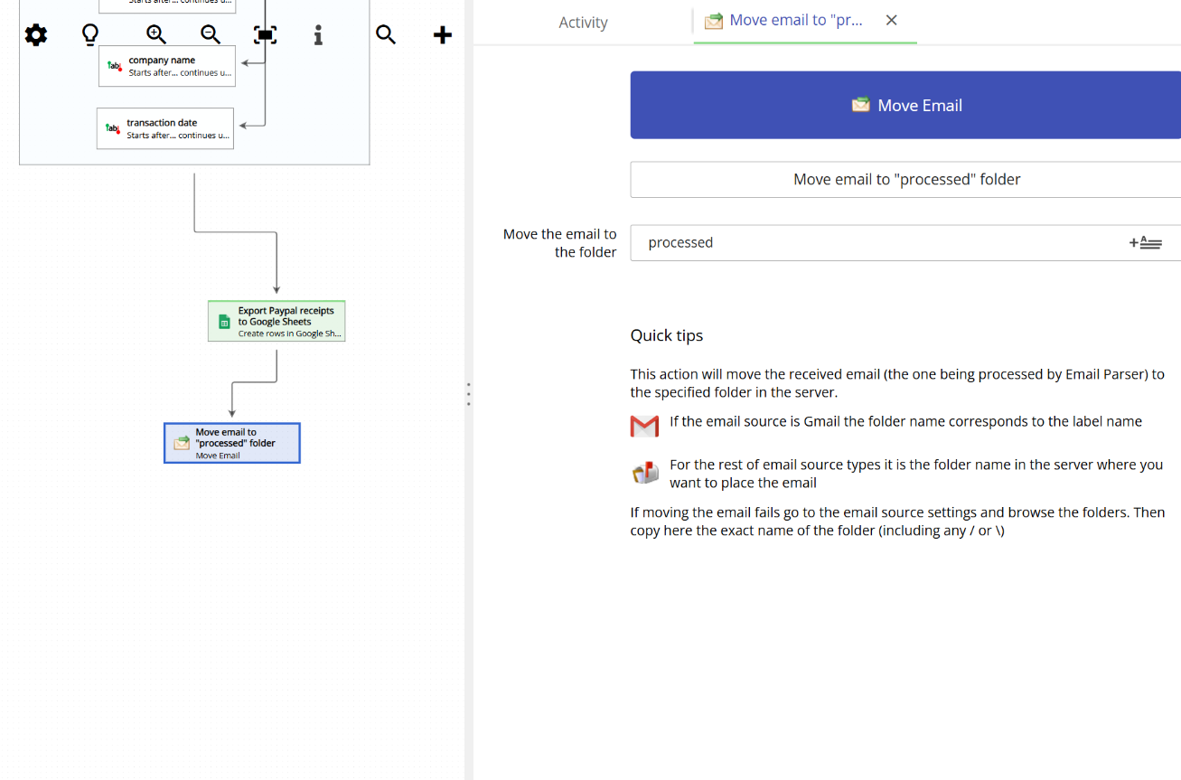 Move email action configuration window showing the destination folder text field