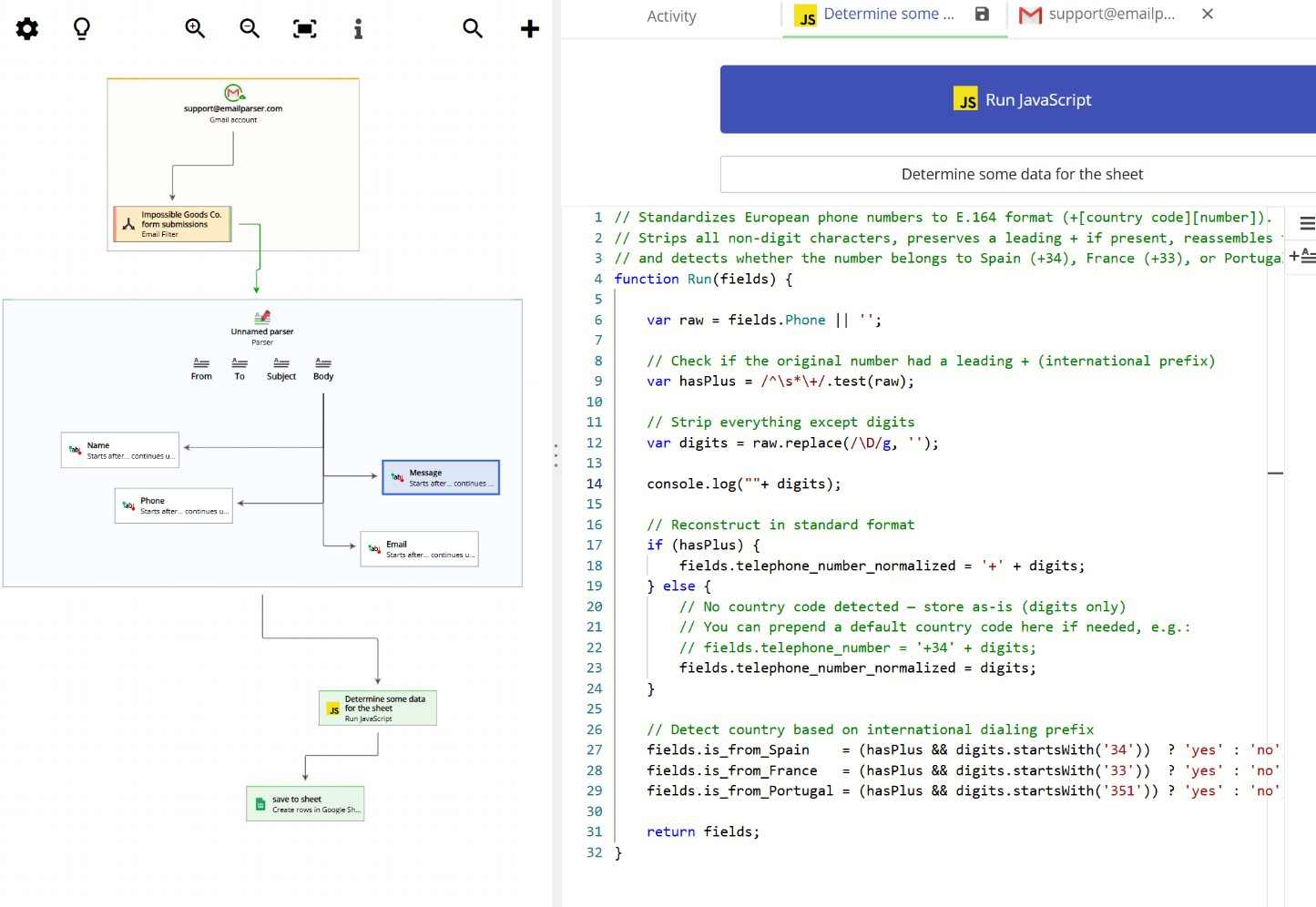 Email Parser workflow animation showing form submission processing with a JavaScript action