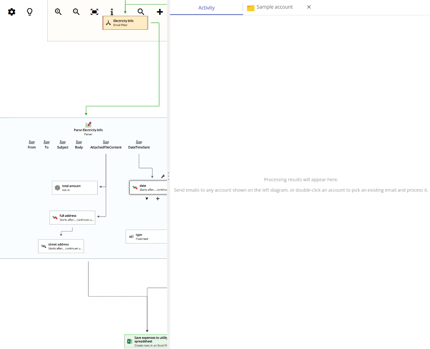 Animation showing the full workflow of Email Parser capturing a street address from an attached PDF file