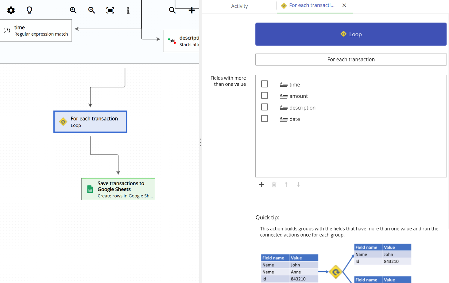 Animated example of a Loop action iterating over time, amount, description, and date fields to process multiple line items