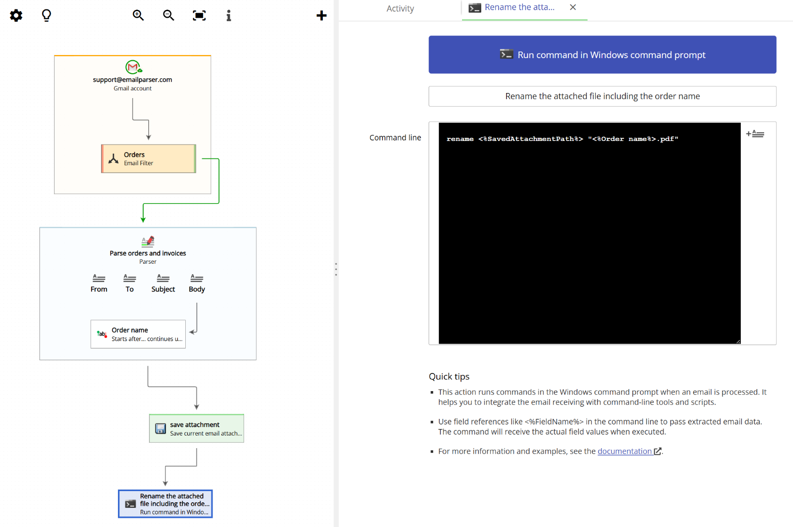 Email Parser action configured to run a command under the Windows command prompt