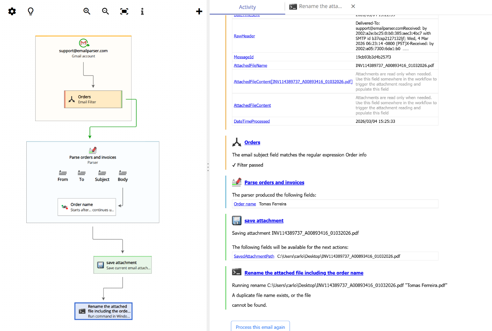 Output window showing the result of running a Windows command prompt command from Email Parser