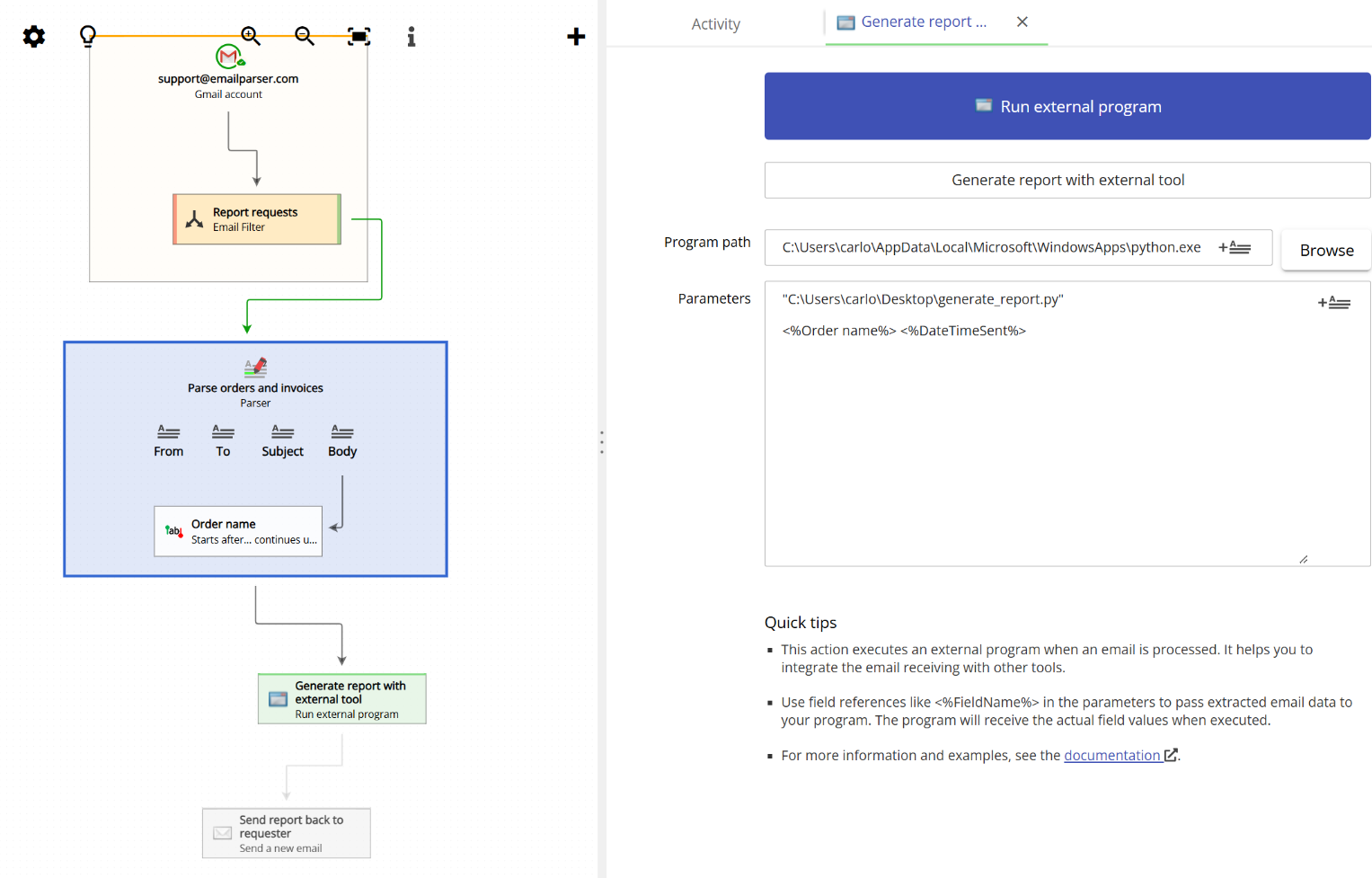 Email Parser action configured to run an external Python script with captured email fields as parameters