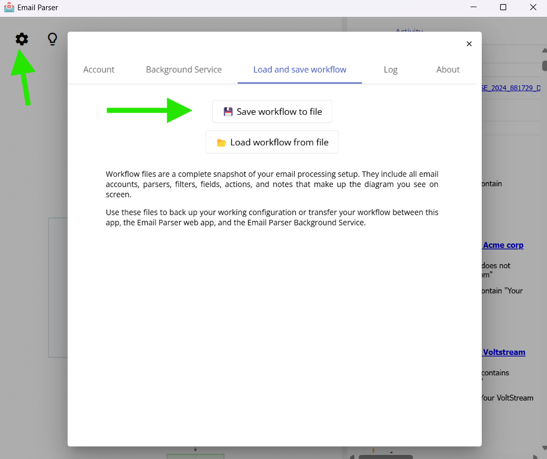 Saving Email Parser workflow settings to a file for later import on the server