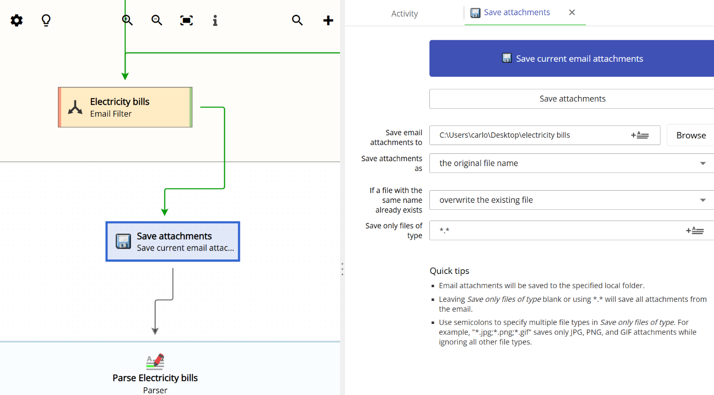 Overview of a workflow that saves email attachments automatically when an email is received