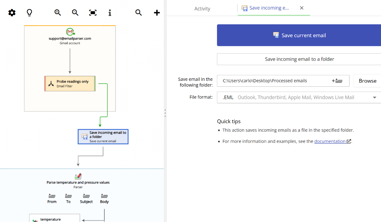 Configuring the Save current email action to save emails to a folder in your computer