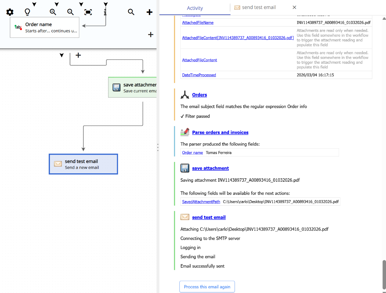 Result of sending an email from a workflow in Email Parser