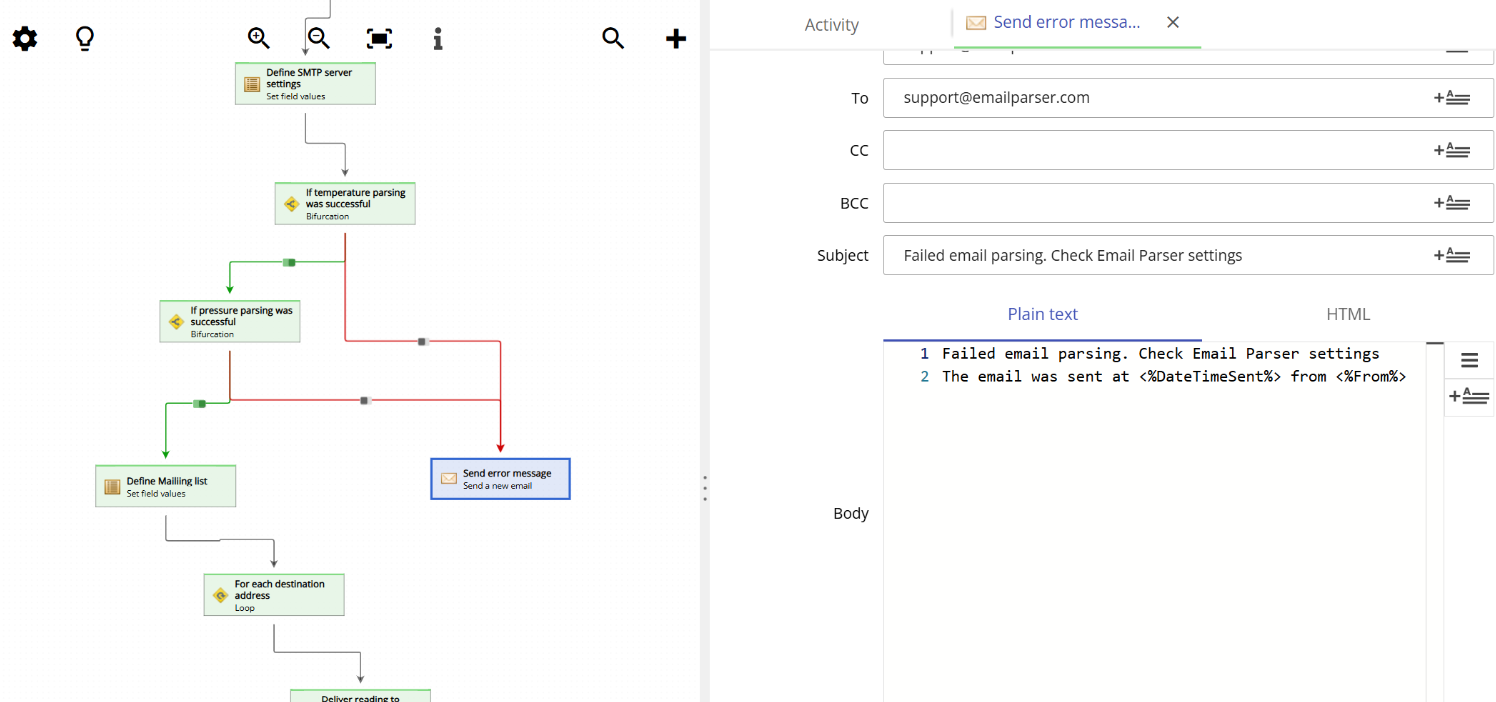 Configuring the Send email action to notify when email parsing fails