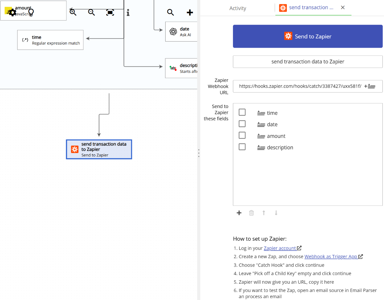 The Zapier action configuration in Email Parser showing the Webhook URL field used to send parsed email data to Zapier