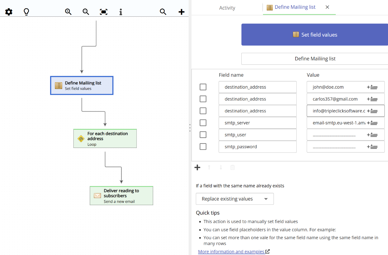 Entering field names and values in a table in the Set Field Values action, with the field name repeated to create multiple values