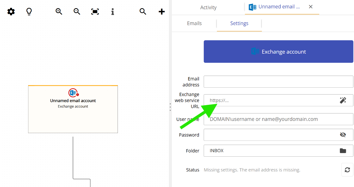 Setting the Exchange web services URL in an Email Parser email account
