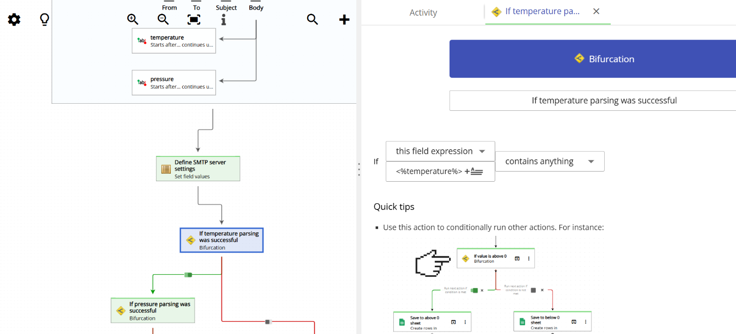 Setting up a Bifurcator condition to check if a field was parsed correctly