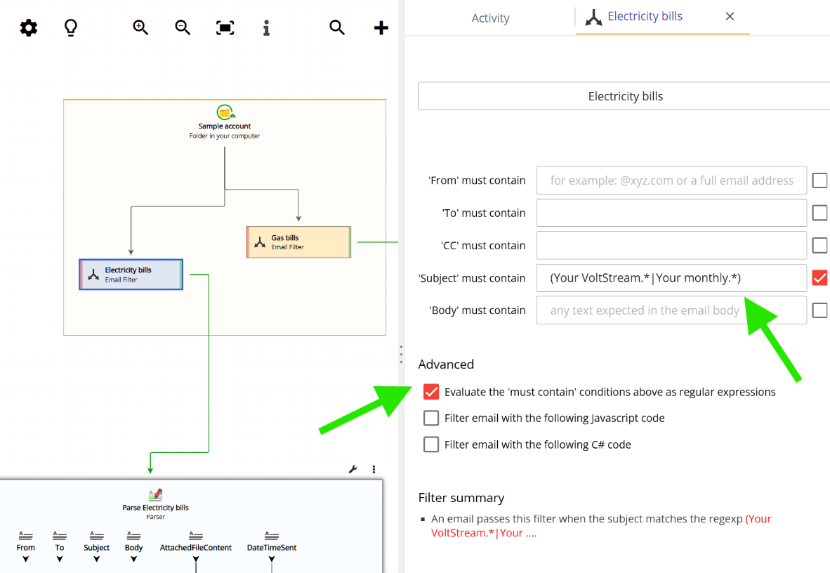 Setting up a regular expression based email filter in Email Parser
