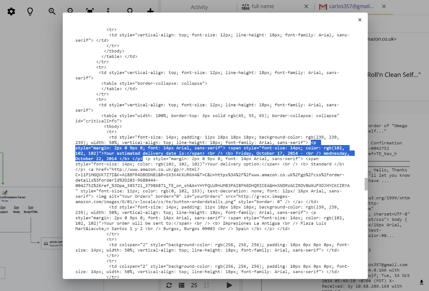 HTML source code of the email showing the delivery date inside a styled td tag
