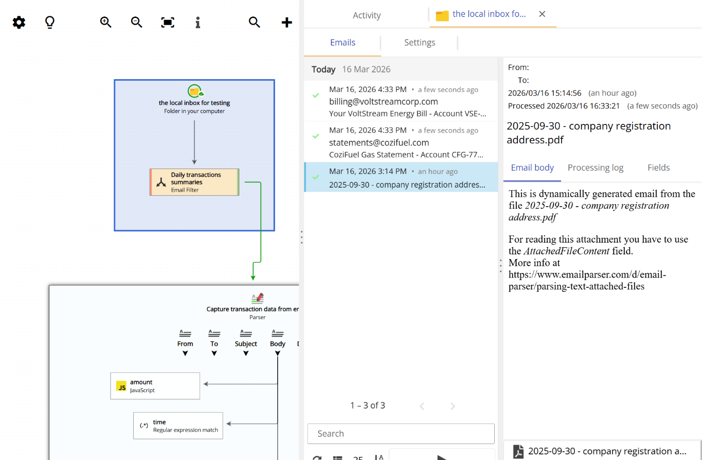 Email Parser listing files from a local folder, showing email files with full fields and a PDF shown as a blank email with an attachment