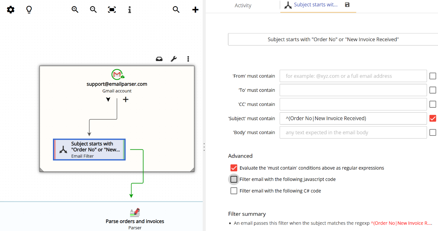 Email filter settings with a regular expression pattern enabled