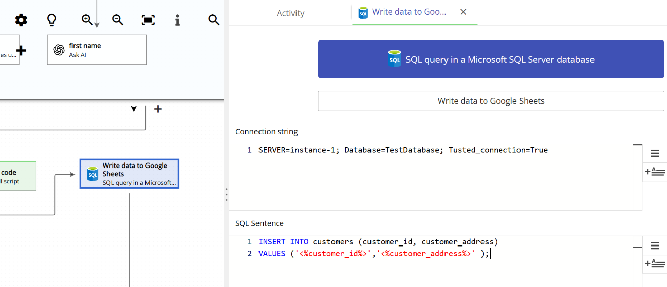 SQL Server action configuration screen showing connection string and SQL statement fields