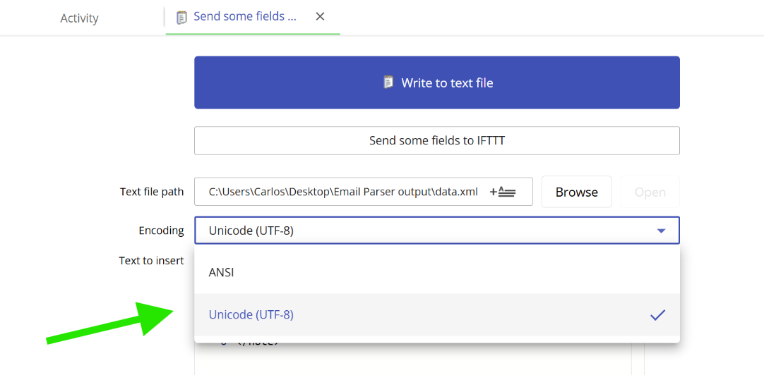 Text encoding options in the Write to text file action, showing ANSI and UTF encoding choices