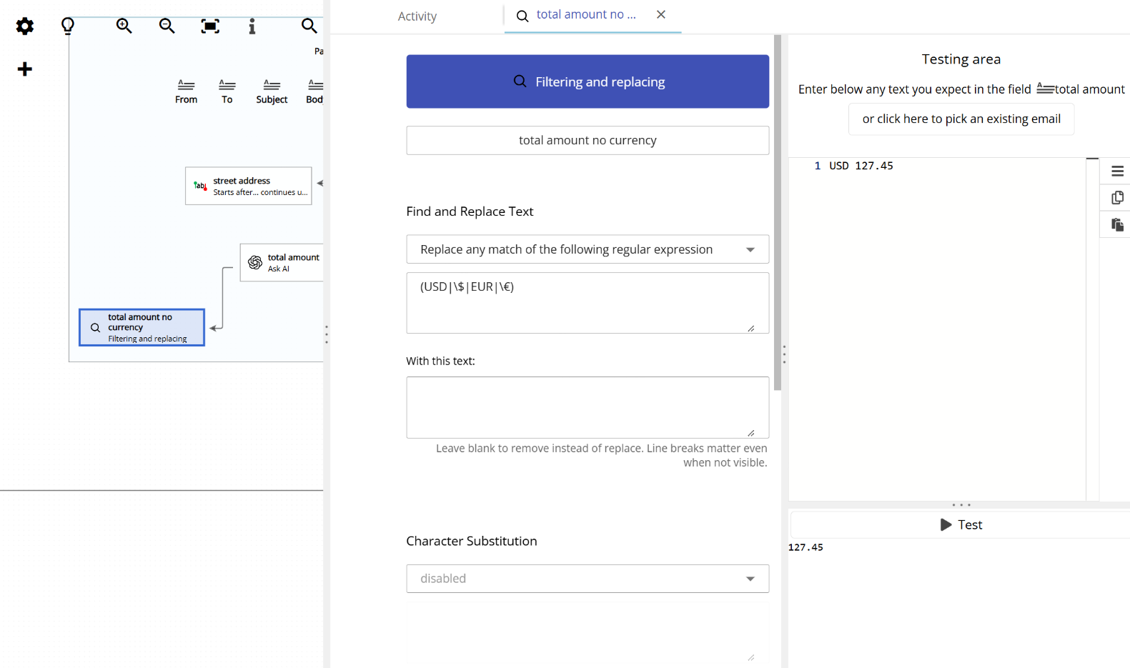 Removing currency symbols from a text value using a regular expression in filtering and replacing