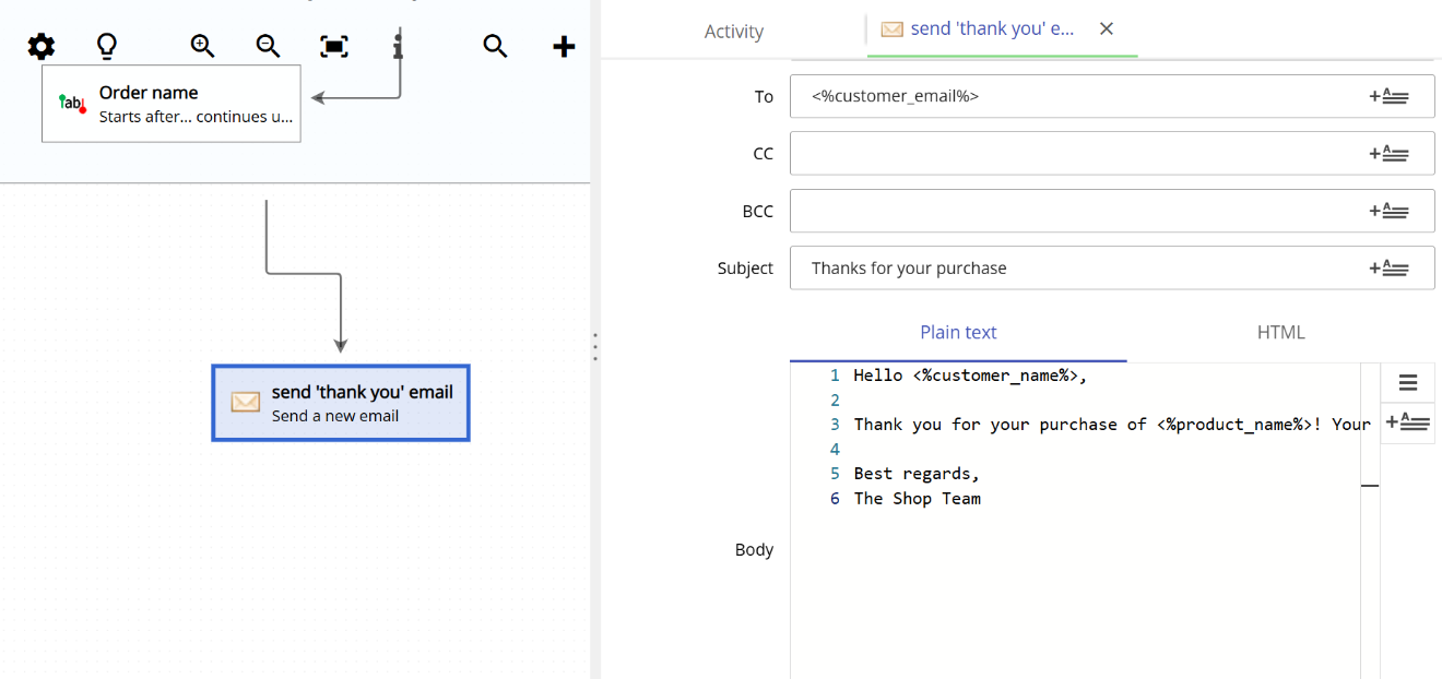 Example of an automated thank you email composed in Email Parser using field placeholders