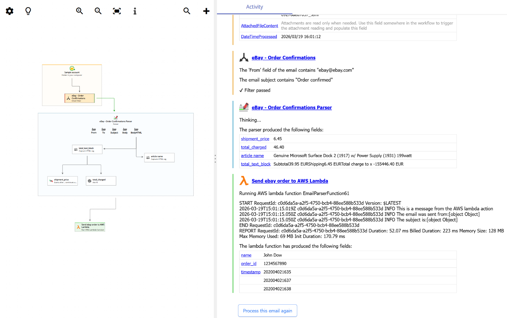 The activity log showing the result of processing an email and running an AWS Lambda function that reads email data and generates new fields