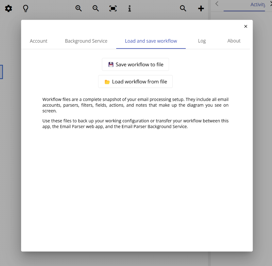 The Load and save workflow tab where you can back up and restore your Email Parser workflow