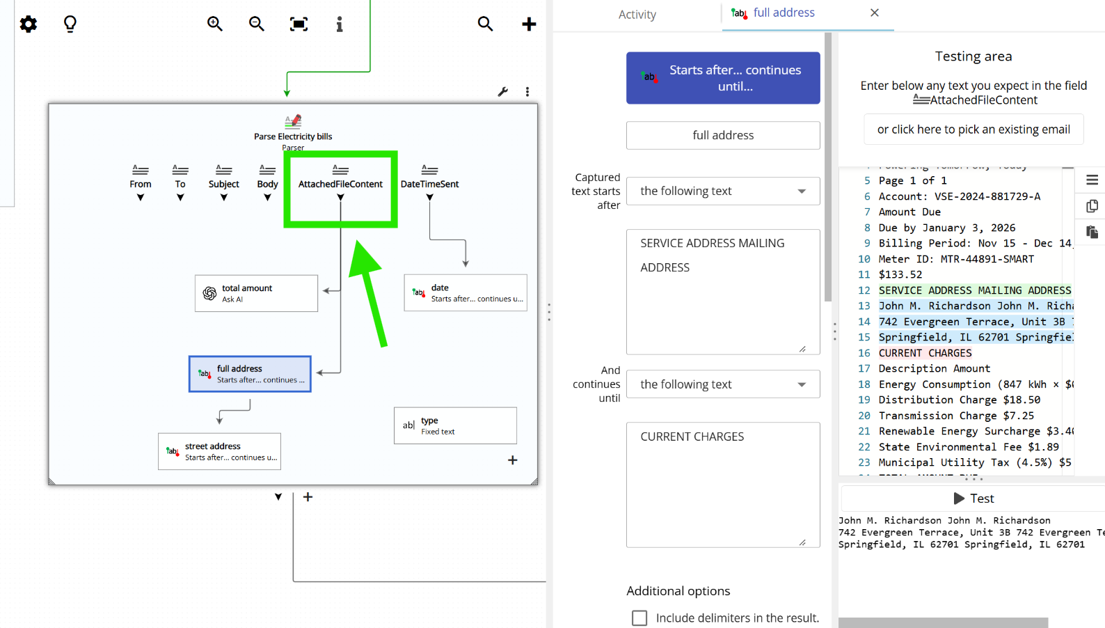 A parser with a field attached to AttachedFileContent at the top, showing how to read text from an attached file