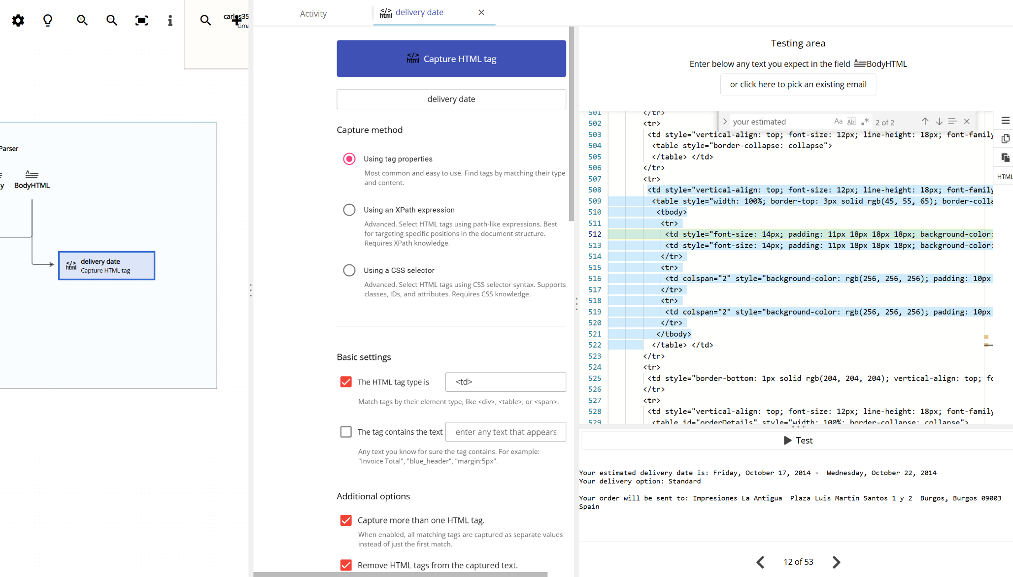Capture HTML tag by properties configured to match the styled td tag containing the delivery date