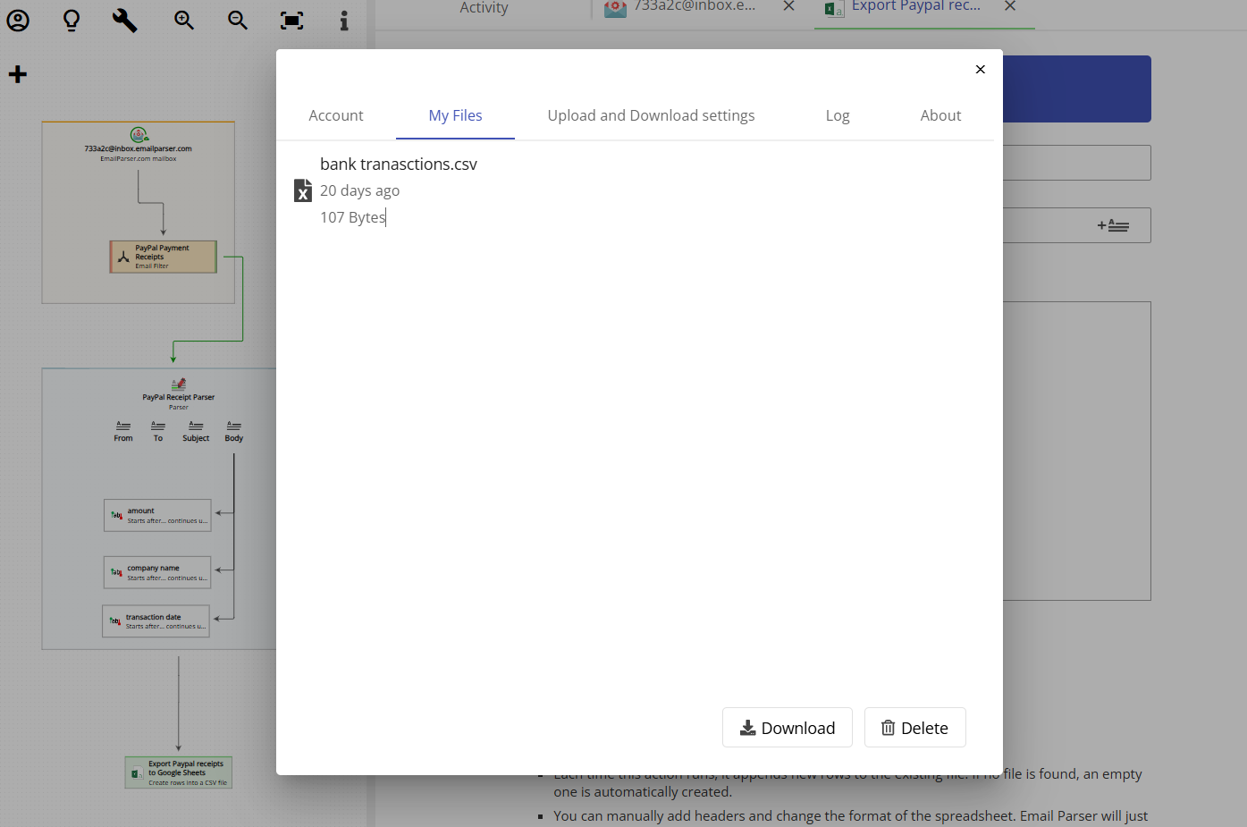 The My Files section showing a saved attachment that was automatically saved by Email Parser