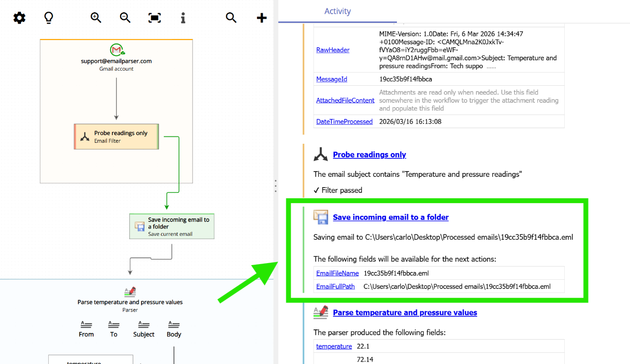 Run log showing the EmailFileName and EmailFullPath fields created by the Save current email action