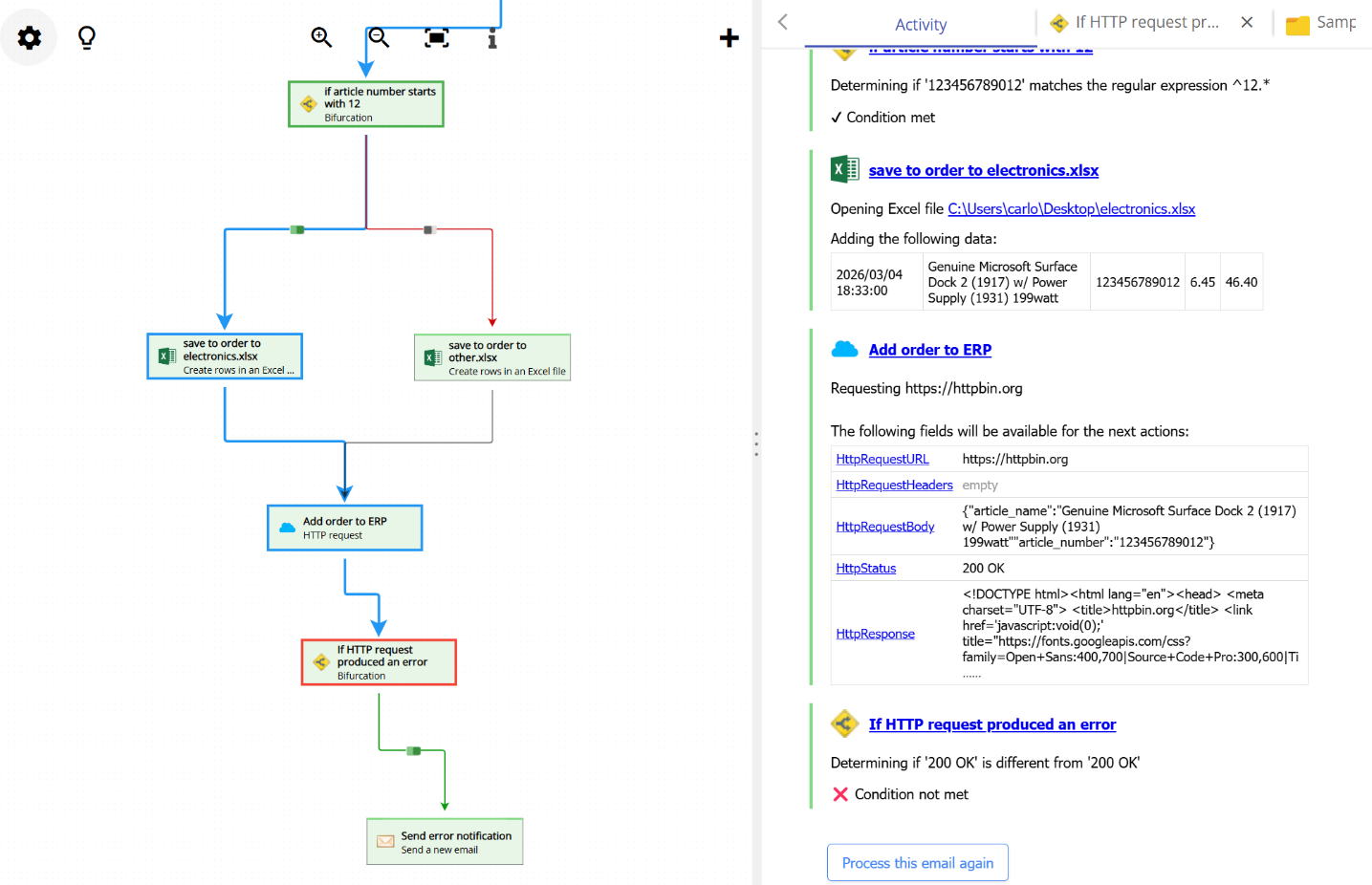 The same workflow after processing an email, with the taken path highlighted and the processing log visible on the right
