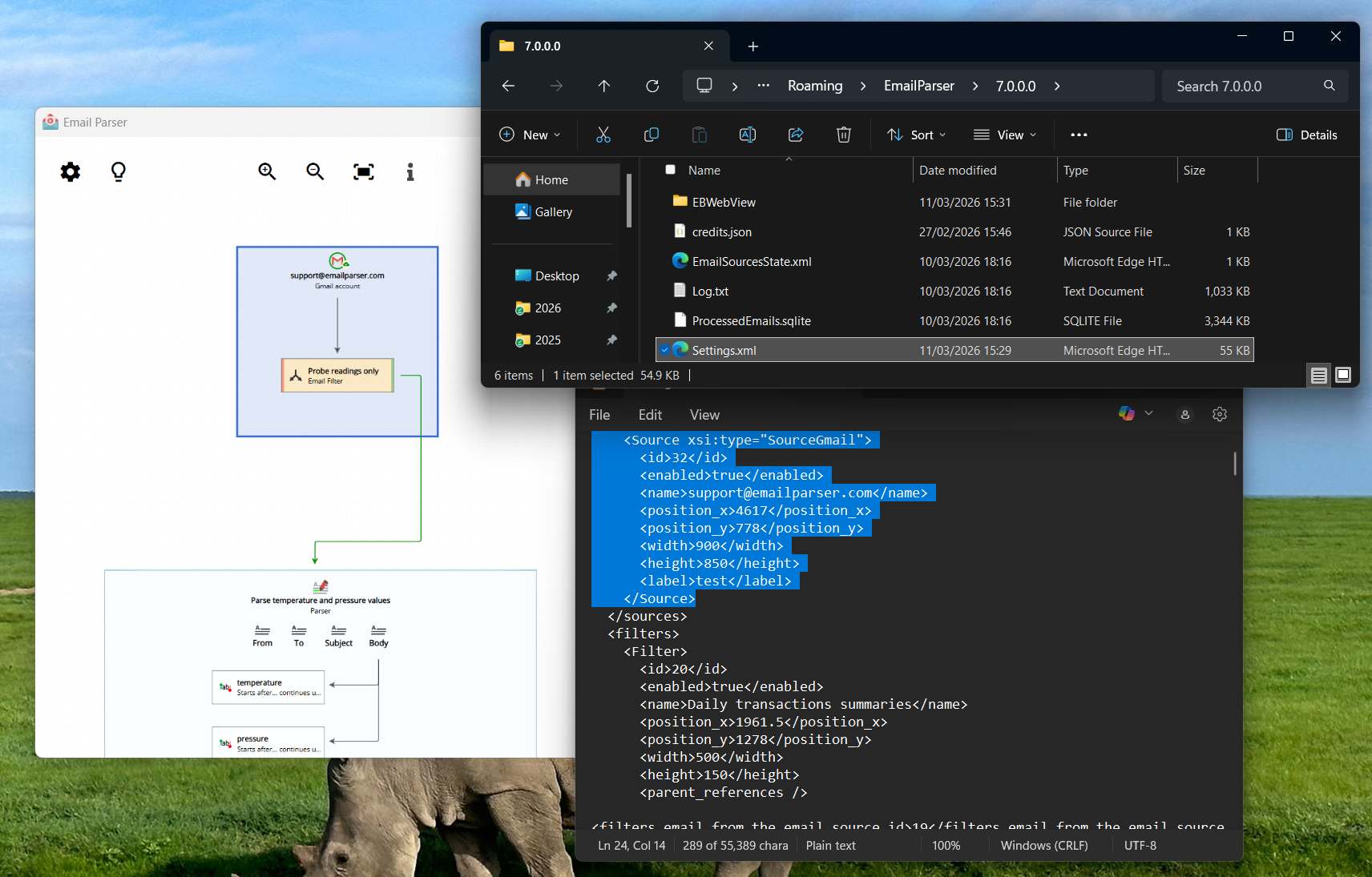 The Settings.xml file opened in a text editor, showing the XML structure of the Email Parser configuration