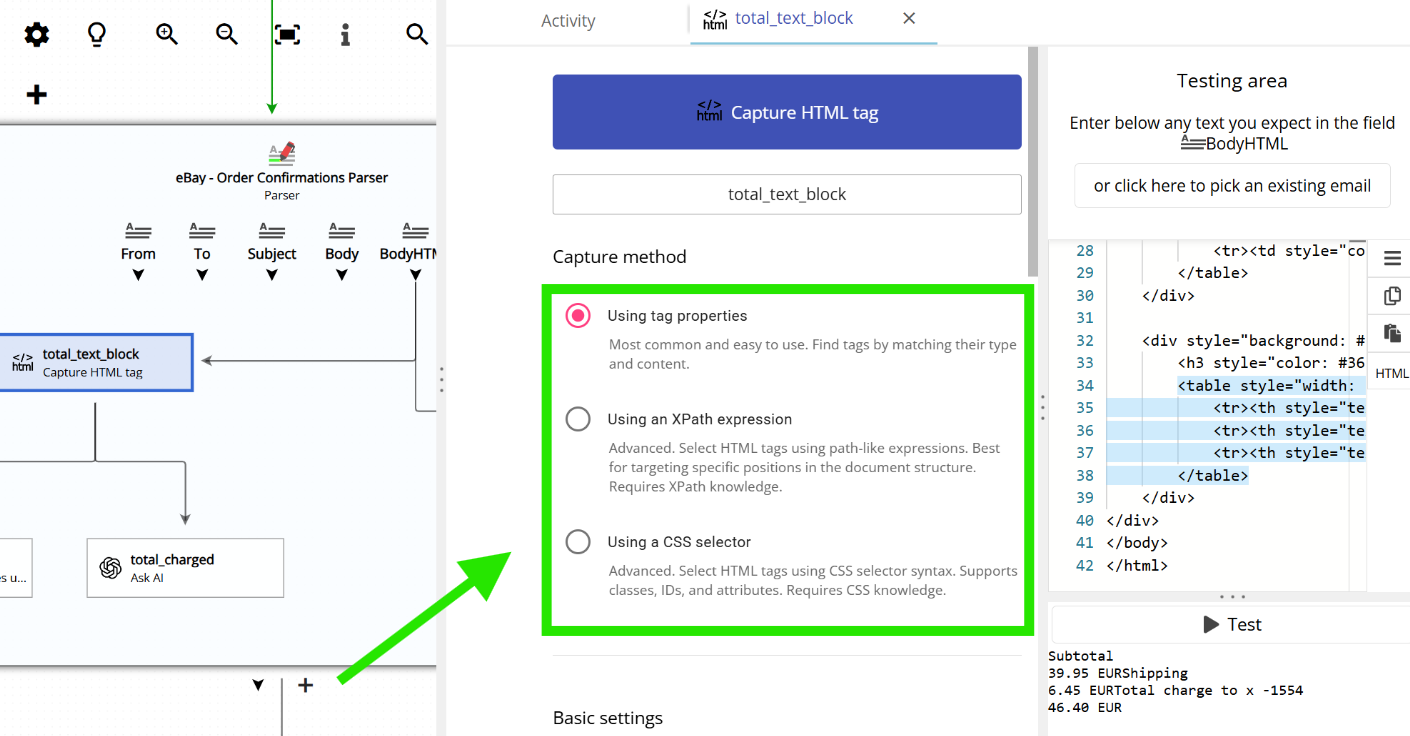 The three different ways to capture an HTML tag in Email Parser