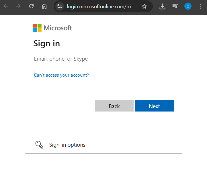 The web browser showing the Office 365 login page asking for credentials