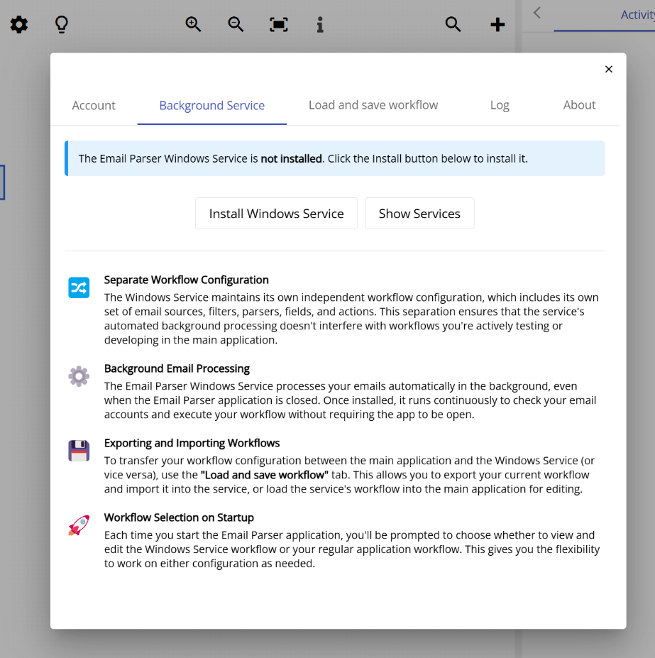 The Windows Service tab in the Windows app, showing the current status as not installed