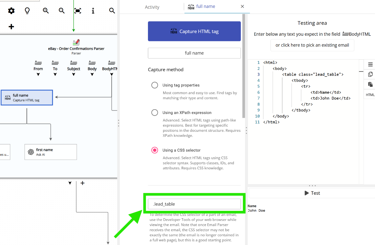 Using a CSS selector in Email Parser