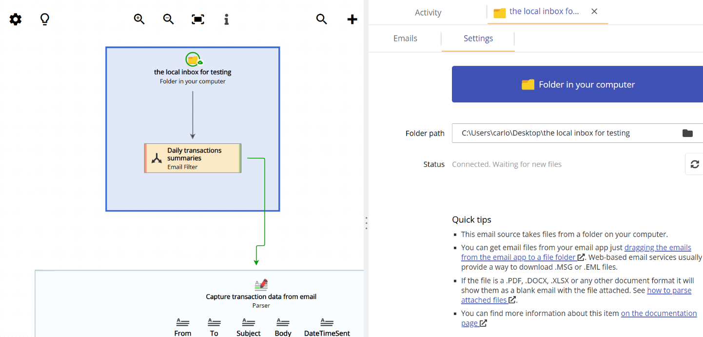 Configuring a local folder as an email account in Email Parser for Windows